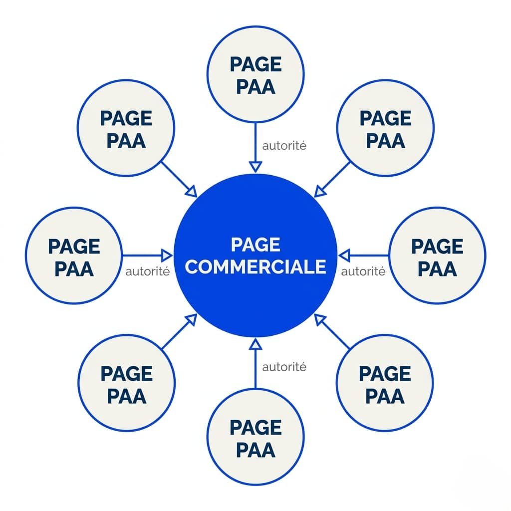 Stratégie de colonies SEO : pages PAA satellites qui transmettent leur autorité à une page commerciale centrale